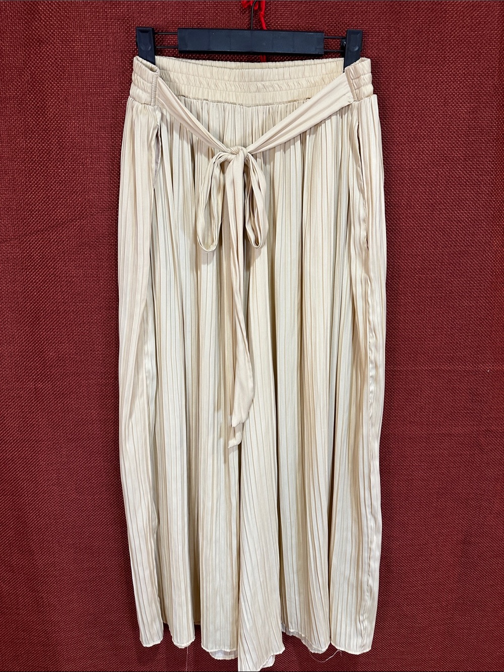 Zara Cream Pleated Maxi Skirt with Waist Tie